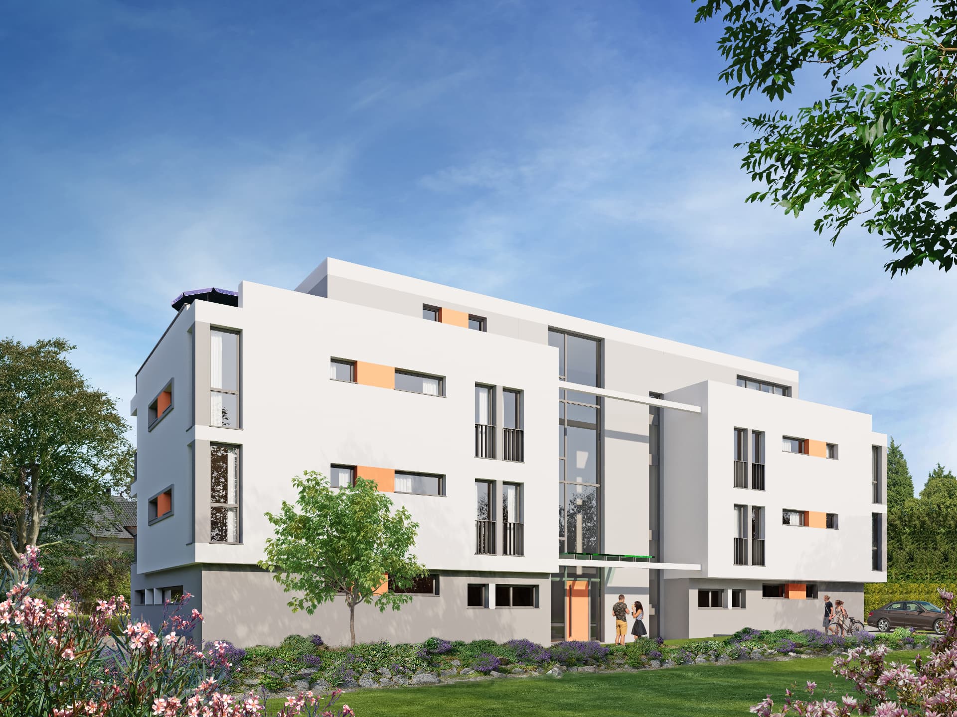 Rückwärtige Ansicht des Neubauprojekts mit Garten und Balkonen